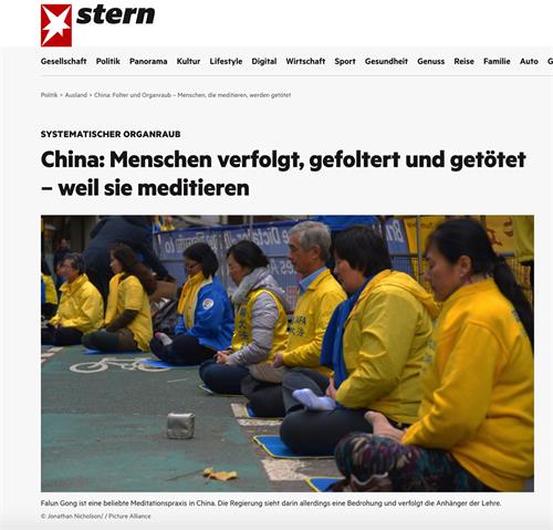 图：德国《明星周刊》（《Stern》发表报道：中国：人们遭受迫害、酷刑和杀戮--因为他们打坐（图为网页截图）
